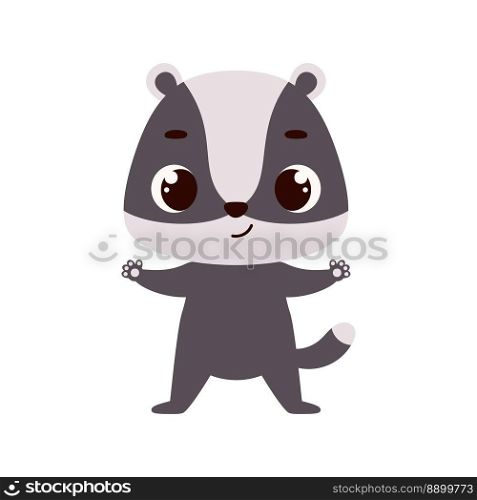 Cute little badger on white background. Cartoon animal character for kids cards, baby shower, invitation, poster, t-shirt composition, house interior. Vector stock illustration