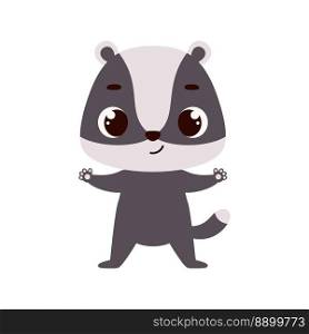 Cute little badger on white background. Cartoon animal character for kids cards, baby shower, invitation, poster, t-shirt composition, house interior. Vector stock illustration