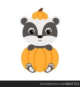 Cute little badger sitting in a pumpkin. Cartoon animal character for kids t-shirts, nursery decoration, baby shower, greeting card, invitation. Vector stock illustration