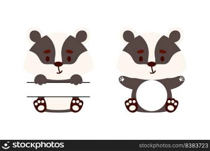 Cute little badger split monogram. Funny cartoon character for kids t-shirts, nursery decoration, baby shower, greeting cards, invitations, scrapbooking, home decor. Vector stock illustration