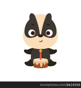 Cute little badger with birthday cake on white background. Cartoon animal character for kids cards, baby shower, invitation, poster, t-shirt composition, house interior. Vector stock illustration