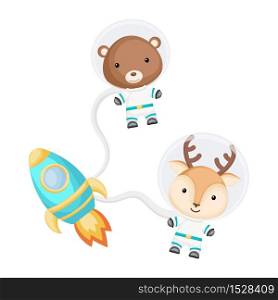 Cute little bear and deer astronauts flying in open space. Graphic element for childrens book, album, scrapbook, postcard, invitation. Flat vector stock illustration isolated on white background.