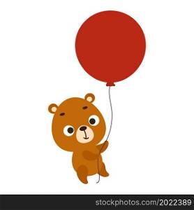 Cute little bear flying on red balloon. Cartoon animal character for kids cards, baby shower, invitation, poster, t-shirt composition, house interior. Vector stock illustration.