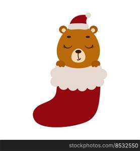Cute little bear in Christmas sock. Cartoon animal character for kids cards, baby shower, invitation, poster, t-shirt composition, house interior. Vector stock illustration.