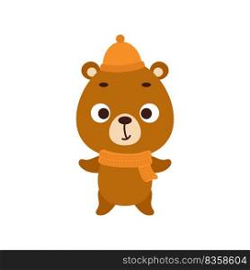Cute little bear in hat and scarf. Cartoon animal character for kids t-shirts, nursery decoration, baby shower, greeting card, invitation, house interior. Vector stock illustration