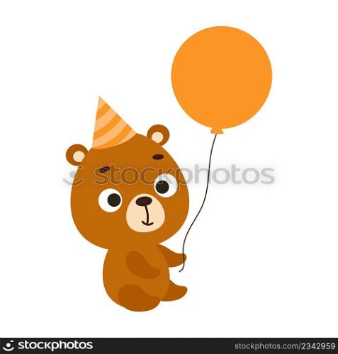 Cute little bear on birthday hat keep balloon on white background. Cartoon animal character for kids cards, baby shower, invitation, poster, t-shirt composition, house interior. Vector stock illustration.