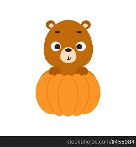 Cute little bear sitting in a pumpkin. Cartoon animal character for kids t-shirts, nursery decoration, baby shower, greeting card, invitation. Vector stock illustration