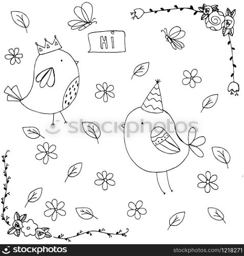 Cute little birds say hi isolated on white with wild flower background vector design.