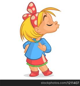 Cute little blonde girl with a ribbon sending a kiss. Vector cartoon illustration. Cartoon cute little girl