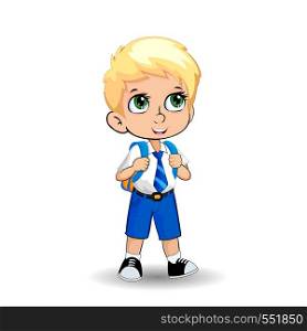 Cute little blonde school boy with big green eyes wearing uniform with backpack isolated on white background. Vector illustration, clip art, template, back to school, teachers day concept.. Cute little blonde school boy with big green eyes in uniform isolated on white background.