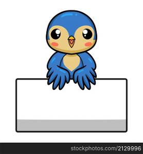 Cute little blue bird cartoon with blank sign