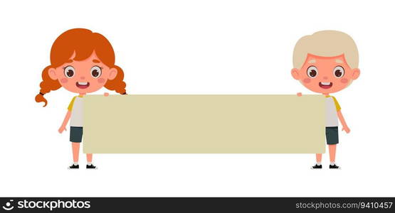 Cute little boy and girl holding an empty banner with place for your text. Template for children design. Cartoon schoolchildren character. Vector illustration.