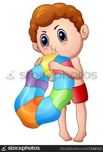 Cute Little Boy Blowing an inflatable ring