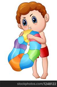 Cute Little Boy Blowing an inflatable ring