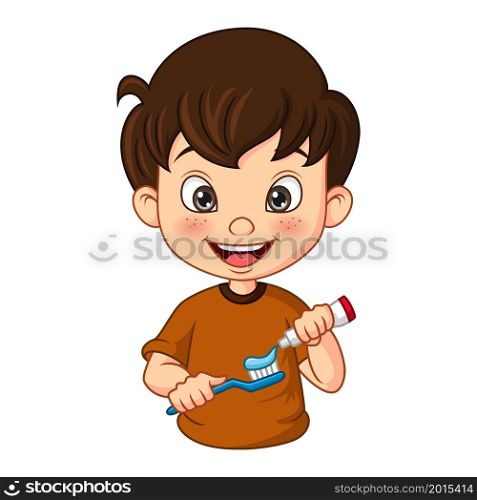 Cute little boy brushing teeth with toothpaste