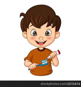 Cute little boy brushing teeth with toothpaste