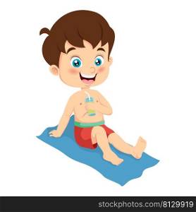 Cute little boy cartoon sunbathing on towel