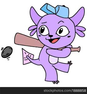 cute little boy creature ready to hit a baseball. cartoon illustration sticker mascot emoticon