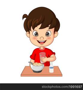 Cute little boy having breakfast cereals with milk