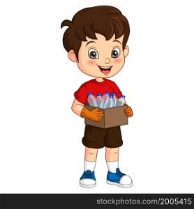 Cute little boy holding box and plastic bottle