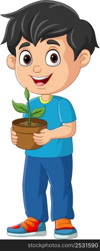 Cute little boy holding plants in pot