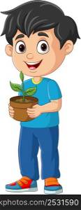 Cute little boy holding plants in pot