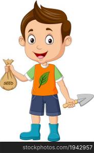 Cute little boy holding seed sack and shovel