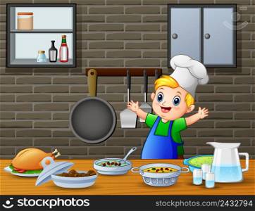 Cute little boy in apron and chef's hat is preparing food