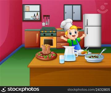 Cute little boy in apron and chef's hat is preparing food