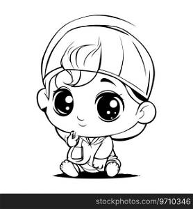 Cute little boy in cap. Vector illustration for coloring book.