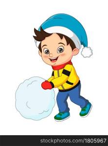Cute little boy in winter clothes playing snowball