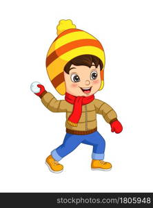 Cute little boy in winter clothes throwing snowball