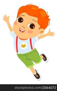 Cute little boy jumping. Smiling cartoon character celebrating isolated on white background. Cute little boy jumping. Smiling cartoon character celebrating