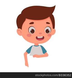 Cute little boy points his finger at the empty poster. Template for children design. Cartoon schoolboy character. Vector illustration.
