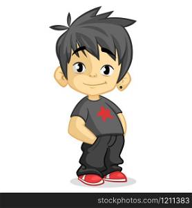 Cute little boy with black hair dressed in black standing and smiling. Vector cartoon kid character with hands in pockets. Cartoo funny little boy
