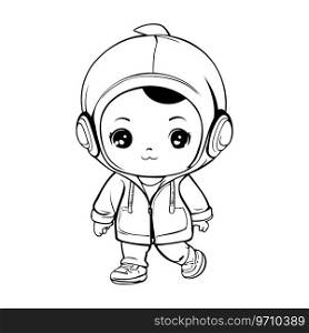 cute little boy with helmet and earphones cartoon vector illustration graphic design