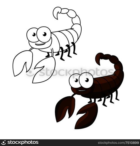 Cute little brown scorpion cartoon character with curved tail, ending with stinger. Children&rsquo;s book, astrology, zodiac or mascot design usage. Also outline version