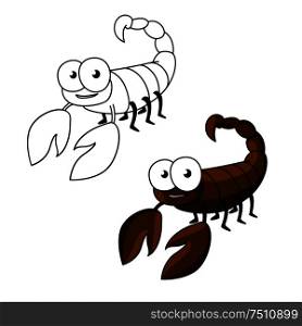 Cute little brown scorpion cartoon character with curved tail, ending with stinger. Children&rsquo;s book, astrology, zodiac or mascot design usage. Also outline version