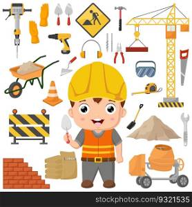 Cute little builder kid with construction tools