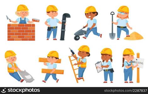 Cute little builders in uniform, kids with construction tools. Cartoon children characters in hard hat working at building site vector set. Illustration of construction uniform, helmet and worker. Cute little builders in uniform, kids with construction tools. Cartoon children characters in hard hat working at building site vector set