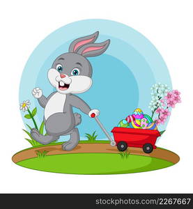 Cute little bunny carrying a cart with easter eggs