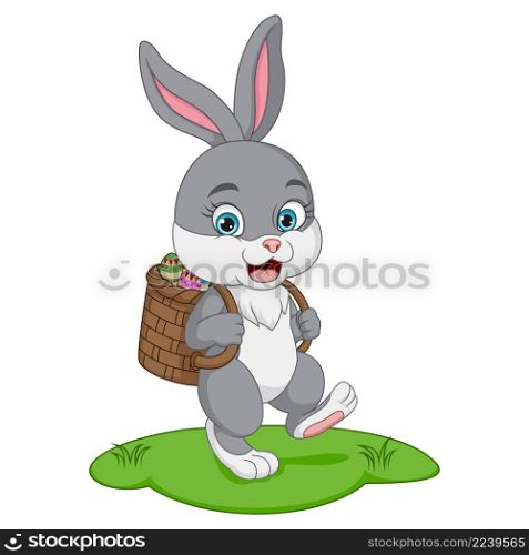 Cute little bunny carrying basket of easter eggs