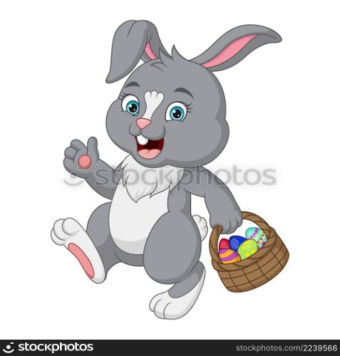 Cute little bunny carrying basket of easter eggs