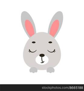 Cute little bunny head with closed eyes. Cartoon animal character for kids t-shirts, nursery decoration, baby shower, greeting card, invitation, house interior. Vector stock illustration