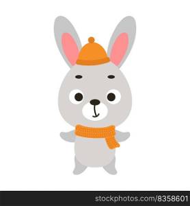 Cute little bunny in hat and scarf. Cartoon animal character for kids t-shirts, nursery decoration, baby shower, greeting card, invitation, house interior. Vector stock illustration