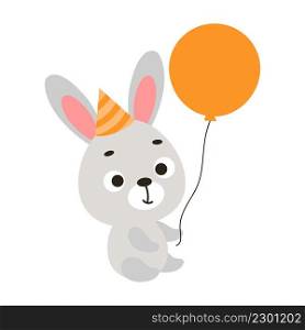 Cute little bunny on birthday hat keep balloon on white background. Cartoon animal character for kids cards, baby shower, invitation, poster, t-shirt composition, house interior. Vector stock illustration.