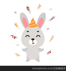 Cute little bunny on birthday hat on white background. Cartoon animal character for kids cards, baby shower, invitation, poster, t-shirt composition, house interior. Vector stock illustration.