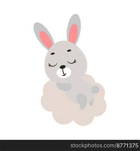Cute little bunny sleeping on cloud. Cartoon animal character for kids t-shirt, nursery decoration, baby shower, greeting cards, invitations, house interior. Vector stock illustration