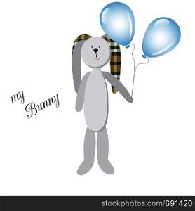 cute little Bunny with balloons, on a white background, with the inscription