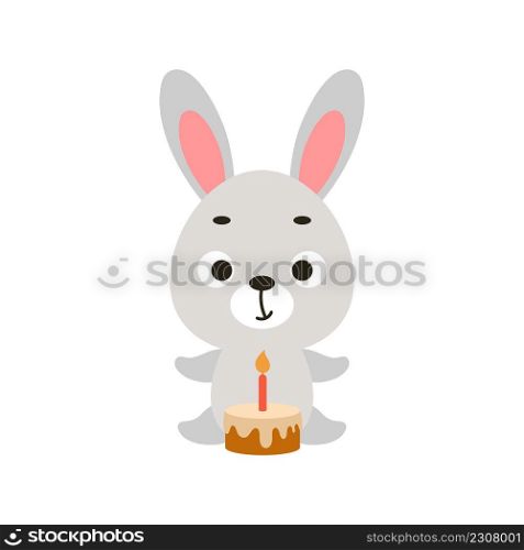 Cute little bunny with birthday cake on white background. Cartoon animal character for kids cards, baby shower, invitation, poster, t-shirt composition, house interior. Vector stock illustration.